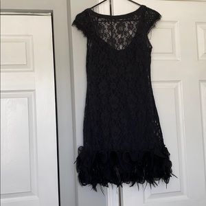 Black Lace Dress with Feather and Ruffle Trim